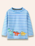 Langärmliges, gestreiftes T-Shirt mit Cartoon-Dinosaurier-Applikation