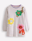 Langärmliges Kleid mit Katzenstickerei
