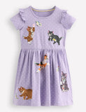 Vestido fofo de algodão com apliques de gato