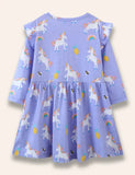 Rüschenkleid mit Cartoon-Einhorn-Print