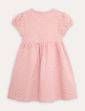 Korallenrosa Kleid mit Giraffen-Applikation und Knopfleiste vorne