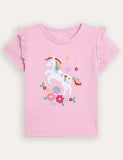 T-shirt con spalle scoperte e volant applicati con unicorno rosa fucsia