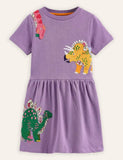 Aster Purple Dinosaurs Applique Dress