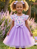 Printed Pattern Fly-sleeved Tulle Dress