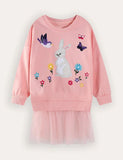 Langarm-Pulloverkleid mit Kaninchen-Vogel-Stickerei