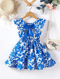 Flower Print Fly-sleeved Halter Dress