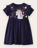 Blumen-Einhorn-besticktes Baumwollkleid