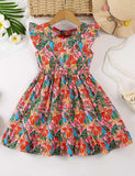 Flower Print Fly-sleeved Halter Dress