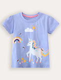 Camiseta de manga curta com estampa de unicórnio arco-íris