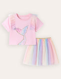 Mermaid Print T-shirt & Tulle Color Skirt Set