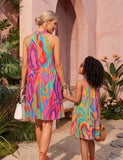 Mom and Me Fashion Color Contrasting Pattern Printing A-shaped Dress