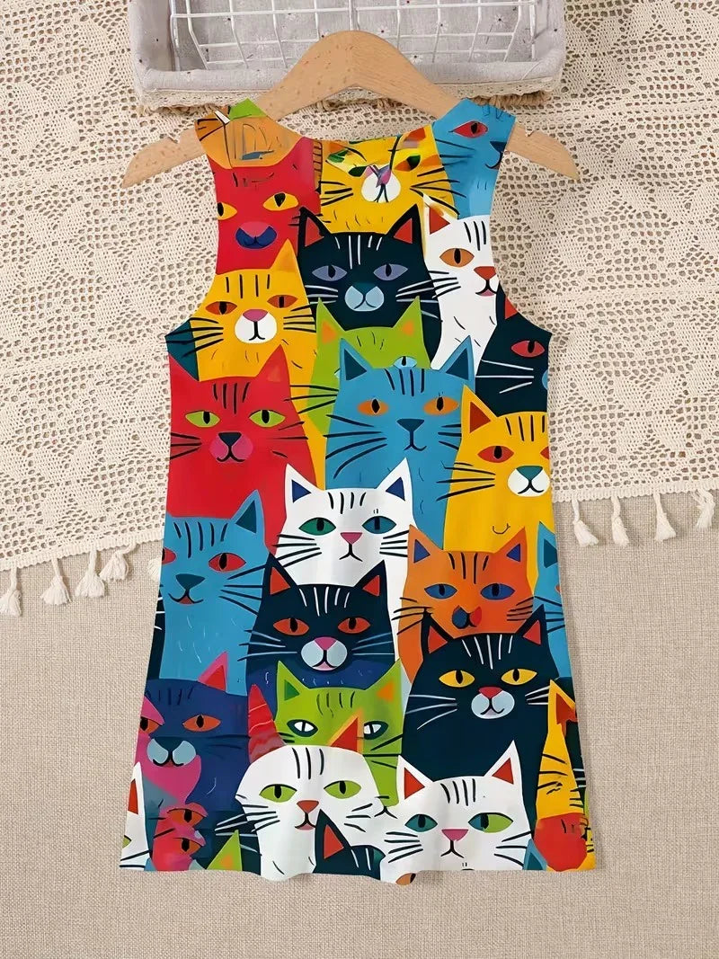 Fashionable Cartoon Cat Design with Cute 3D Prints Dress