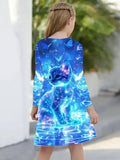 Cute Cat Print Long Sleeve A-Line Dress