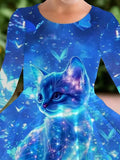 Cute Cat Print Long Sleeve A-Line Dress