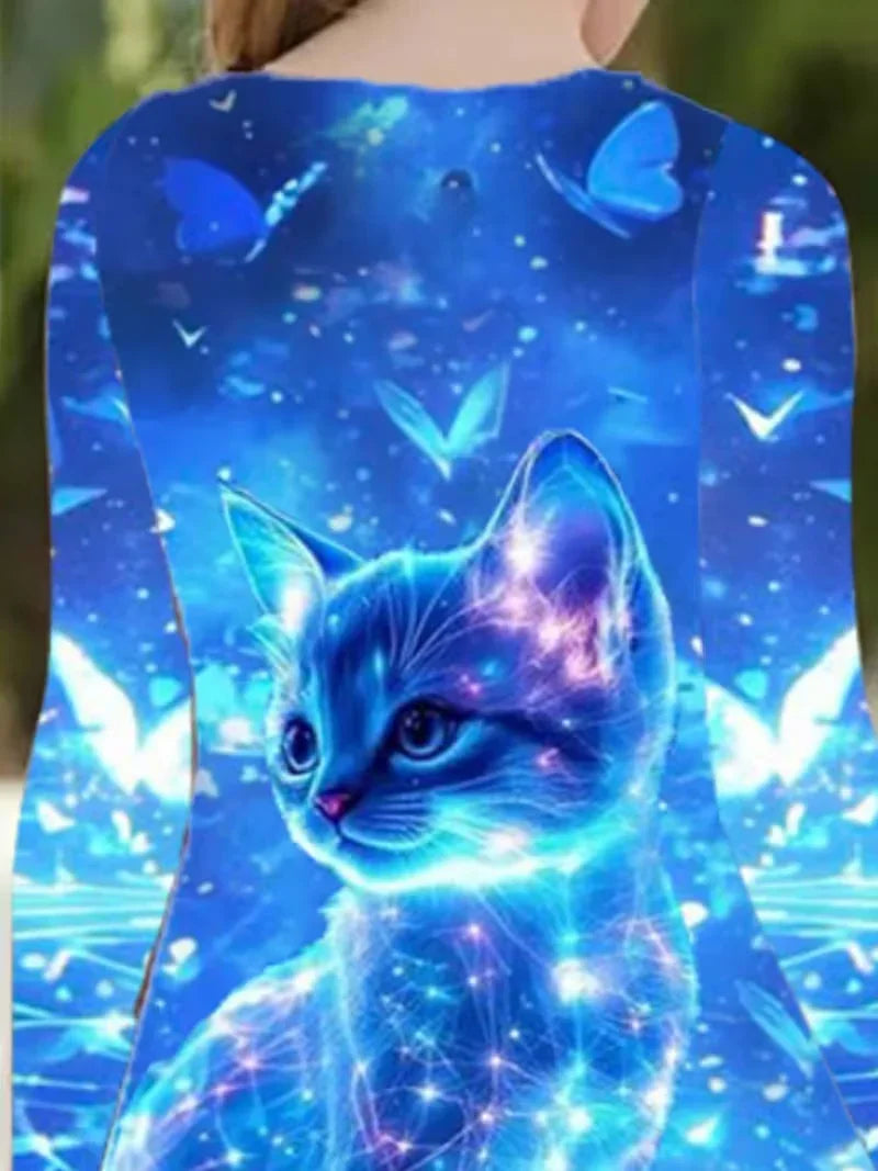Cute Cat Print Long Sleeve A-Line Dress