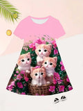 Adorable Cat & Floral Print Dress