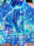 Cute Cat Print Long Sleeve A-Line Dress