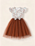 Printed Pattern Fly-sleeved Tulle Dress