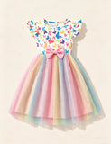 Printed Pattern Fly-sleeved Tulle Dress