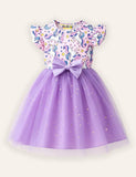 Printed Pattern Fly-sleeved Tulle Dress