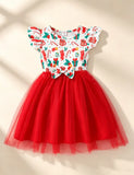Printed Pattern Fly-sleeved Tulle Dress